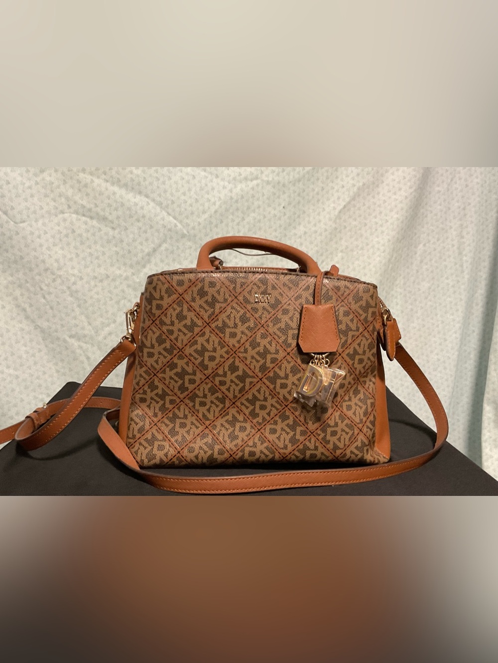 DKNY Brown Logo Monogram Satchel with Gold Charm